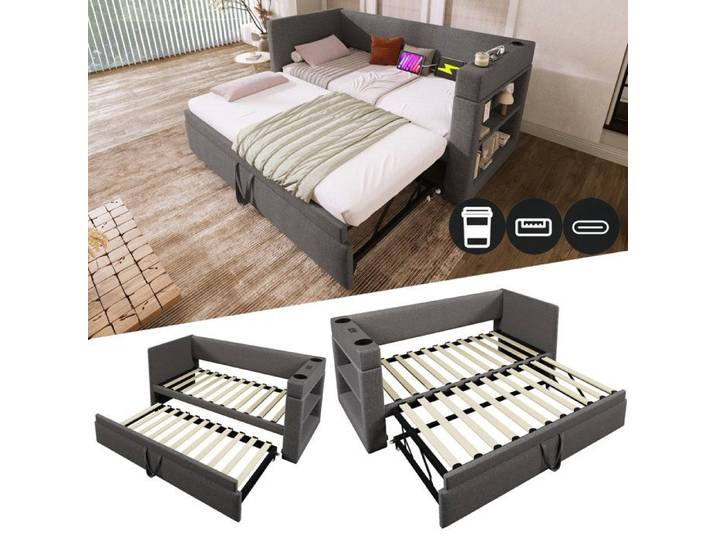 Canapé lit gigogne 90x190 avec accoudoirs réversibles ports USB et lit gigogne sur roulettes