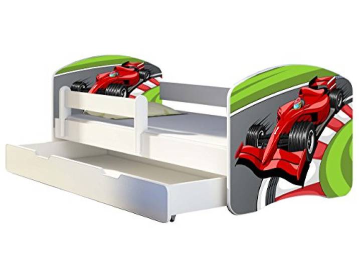 ACMA Kinderbett 160x80 Jugendbett mit Einer Schublade und Matratze, Rausfallschutz, Lattenrost Weiß, stabil, Kinderzimmer Bett, Jugendmöbel Design 06 Formel 1