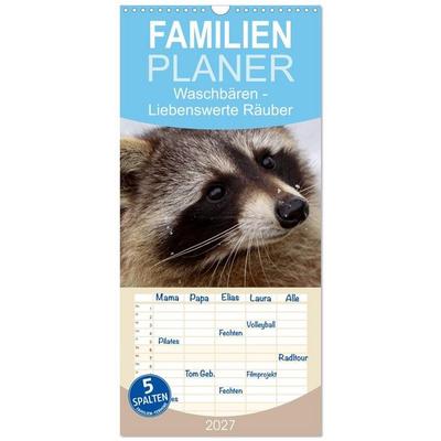 Familienplaner 2027 - Waschbären mit 5 Spalten (Wandkalender, 21 x 45 cm) CALVENDO
