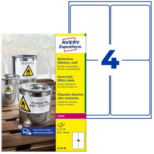 AVERY Zweckform 80 wetterfeste Folienetiketten L4774-20 weiß 99,1 x 139,0 mm