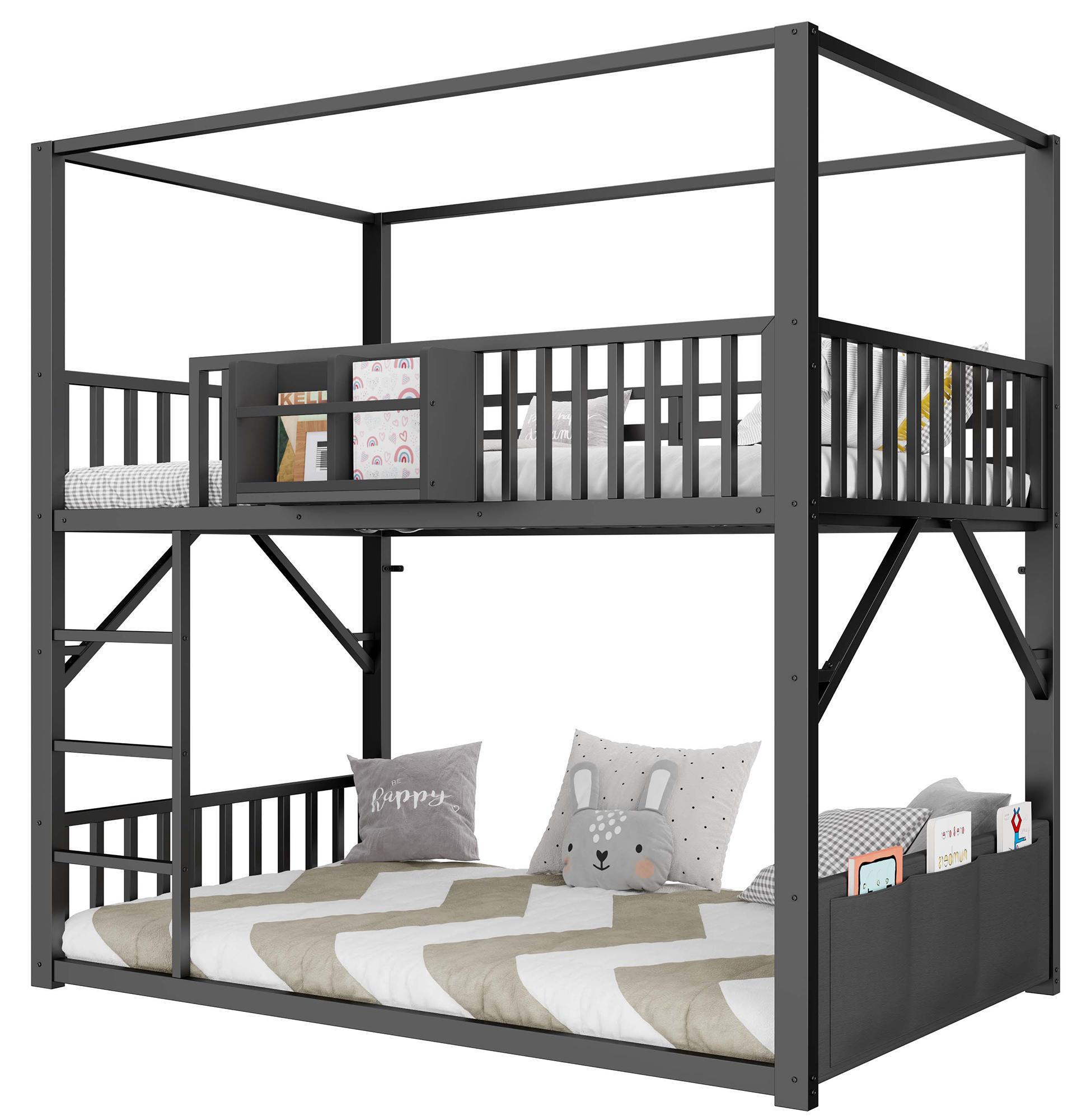 Etagenbett - Metallbettgestell - 90 x 200 cm - Mit Dachkonstruktion - Platzsparend - Mit Stauraum - Schwarz
