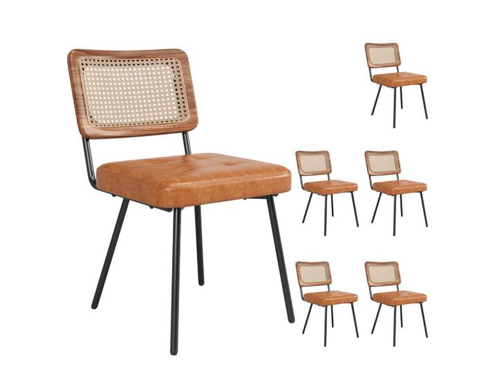 Flieks Esszimmerstuhl 6-Tlg Kunstleder Rattan, Ergonomisch Retro, Braun, Metall, 66x45x70.5 cm, Esszimmer, Stühle
