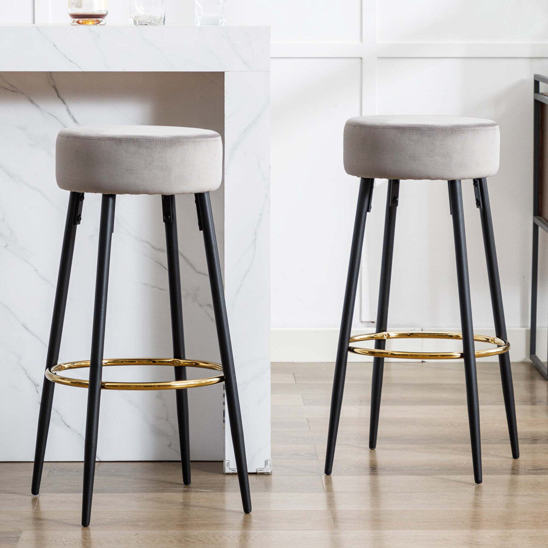 Blue Elephant Modern Velvet Bar Stool with Gold Footrest and Black Metal Legs, Counter Height Kitchen Stool Grey 76.2cm H X 39cm W X 39cm D