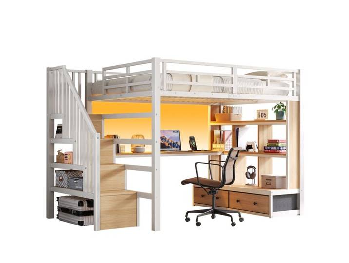 Lit mezzanine 140x200 avec bureau et rangements EVRYAE