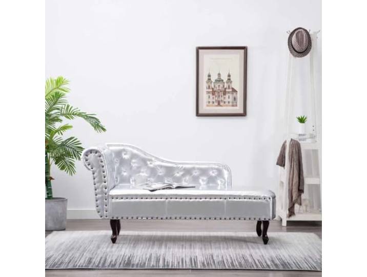 LPERTGFHU Chaiselongue Kunstleder, Liege Silber, Chesterfield Design Massivholz-Beine, Ergonomischer Komfort, Wohnzimmer Möbel