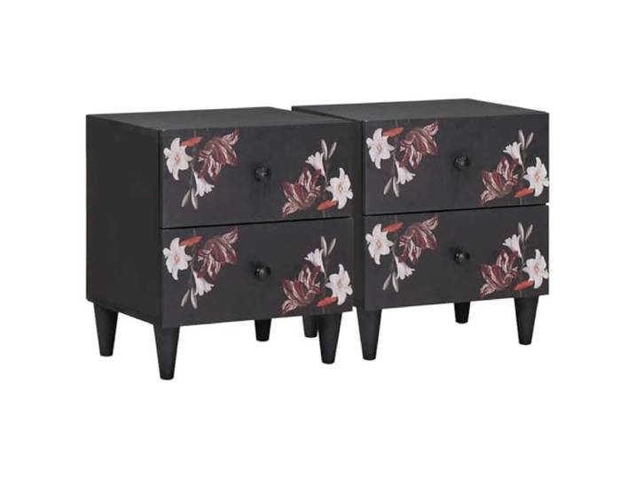 LMTYOENFG Nachttisch 2er Set Braun 40x33,5x46cm Massivholz Mango Florale Frontmotive und Messingknöpfe veredeln das Schlafzimmer, während Schubladen griffbereiten Stauraum schaffen.