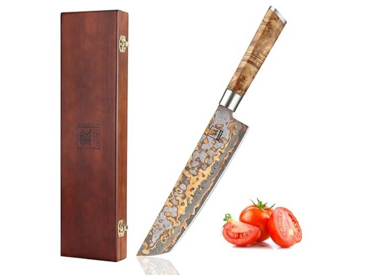 zayiko MysticMagma Tanto-Kochmesser 20,5 cm Klinge aus 67 Lagen Damaststahl VG10-Kern, 34,5 cm Gesamtlänge, 60 ± 2 HRC, 15° V-Schliff beidseitig, Kupfer-Bronze-Einlage, DualCurve-Ahornwurzelholzgriff