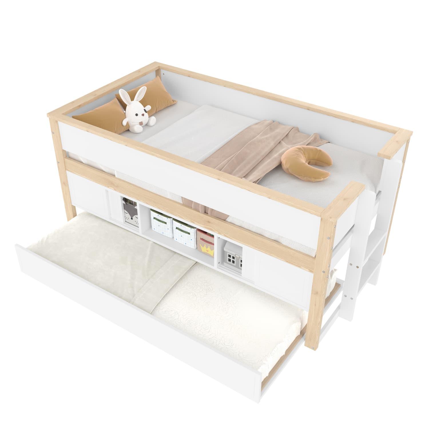 Halbhohes Bett, 90x200cm, Bett mit ausziehbarem Bett,Kinderbett, Etagenbett, Mehrere Ablagefächer, ohne Matratze, Weiß + Natur