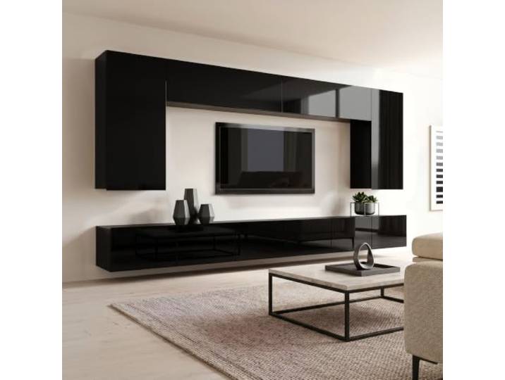 Lomadox Wohnwand Anbauwand schwarz Hochglanz 6-teilig Modern, mit 2 TV-Lowboards, 2 vertikale Hängeschränke, 2 horizontale Hängeschränke