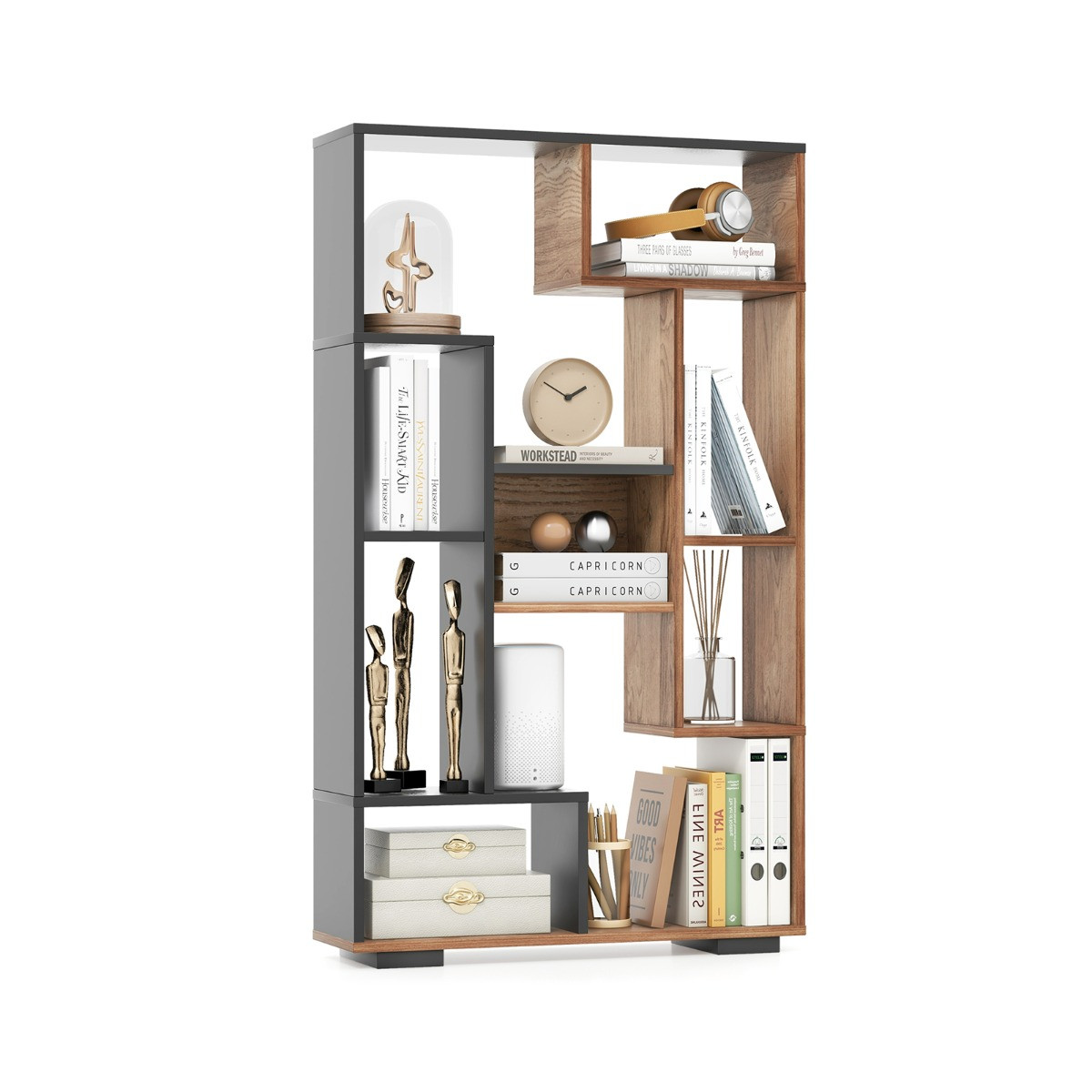 Costway Boekenkast met 9 Open Vakken en Kantelbeveiliging, Bruin + Zwart, B: 120 cm, D: 11 cm