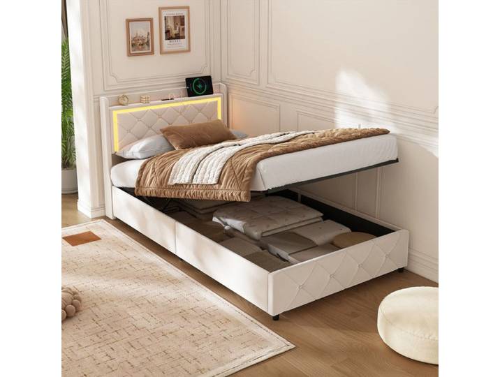 lit coffre 90x200 lit une place avec sommier lit 90x200 avec LED et USB cadre de lit 90x200 avec hydraulique velours beige
