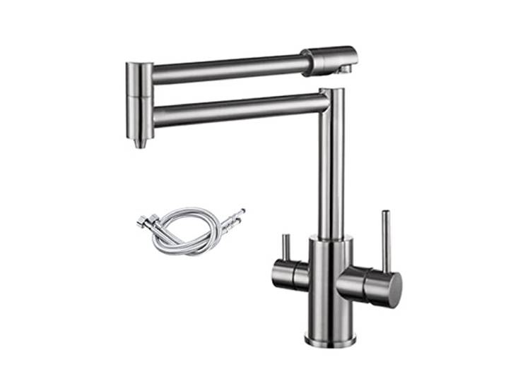 Küchenarmatur, Messing gebürsteter Küchen-Klapphahn mit reinem Wasser kalt heiß Küche Modernes Trinkwasser 3-Wege-gefilterter Wasserhahn-Mischer(Brushed with hose)