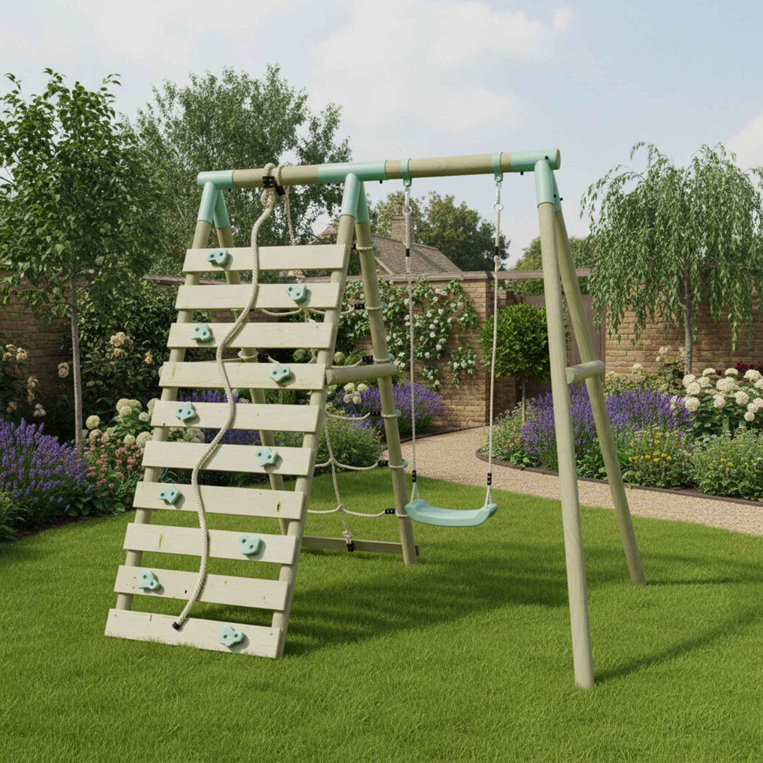 Mercia Garden Products Mercia Wooden Round Pole Single Swing With Climbing Wall Green Wood