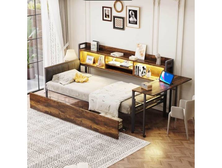 Lit 1 Place 90x200cm Canapé Lit en Fer avec Bureau Pliant Compartiment de Rangement 2 Tiroirs Prises et éclairage LED Marron