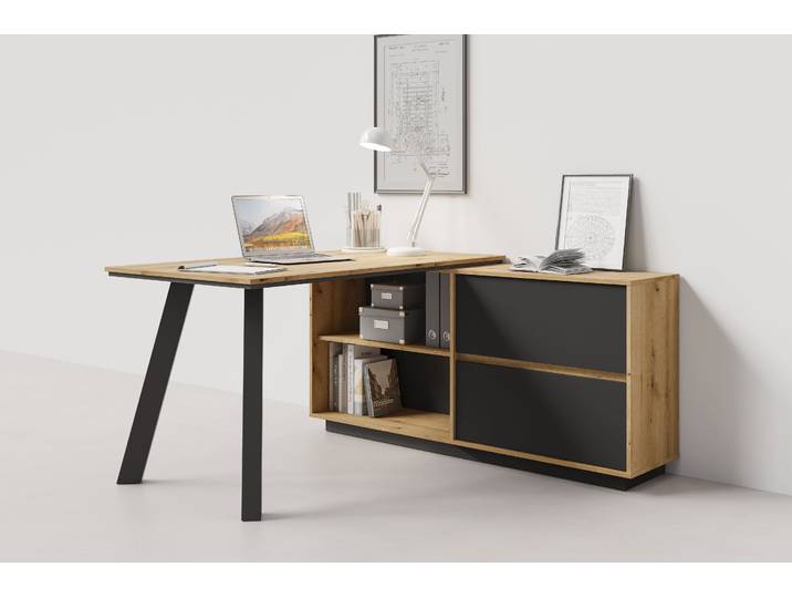 Schreibtisch BYLIVING TALOS , braun (evoke eiche (eiche, optik), evoke eiche (eiche, optik)), B:138cm H:75cm T:150cm, Tische, Schreibtisch, Tischplatte Evoke Eiche, aufgedoppelt, zweifarbige Kante, Schubkästen