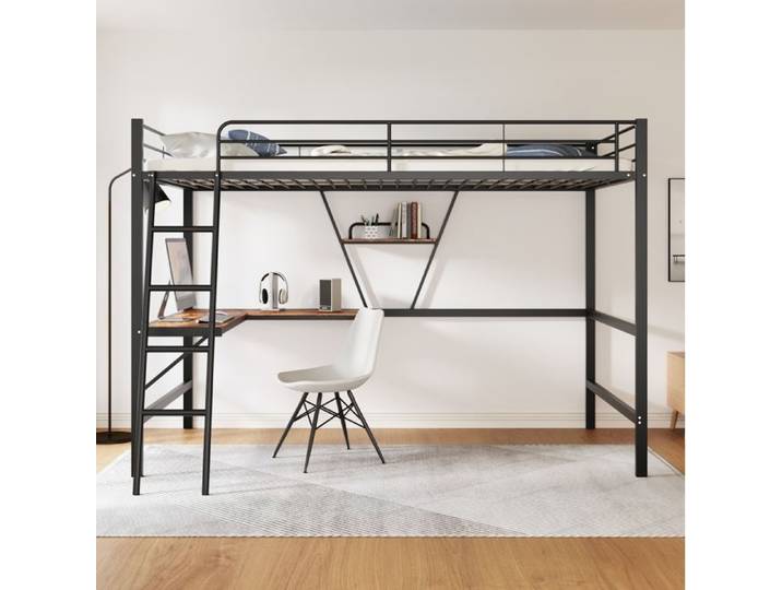 MEULVA Lit mezzanine 90 x 200 cm en métal noir avec bureau en L étagère et échelle fixe