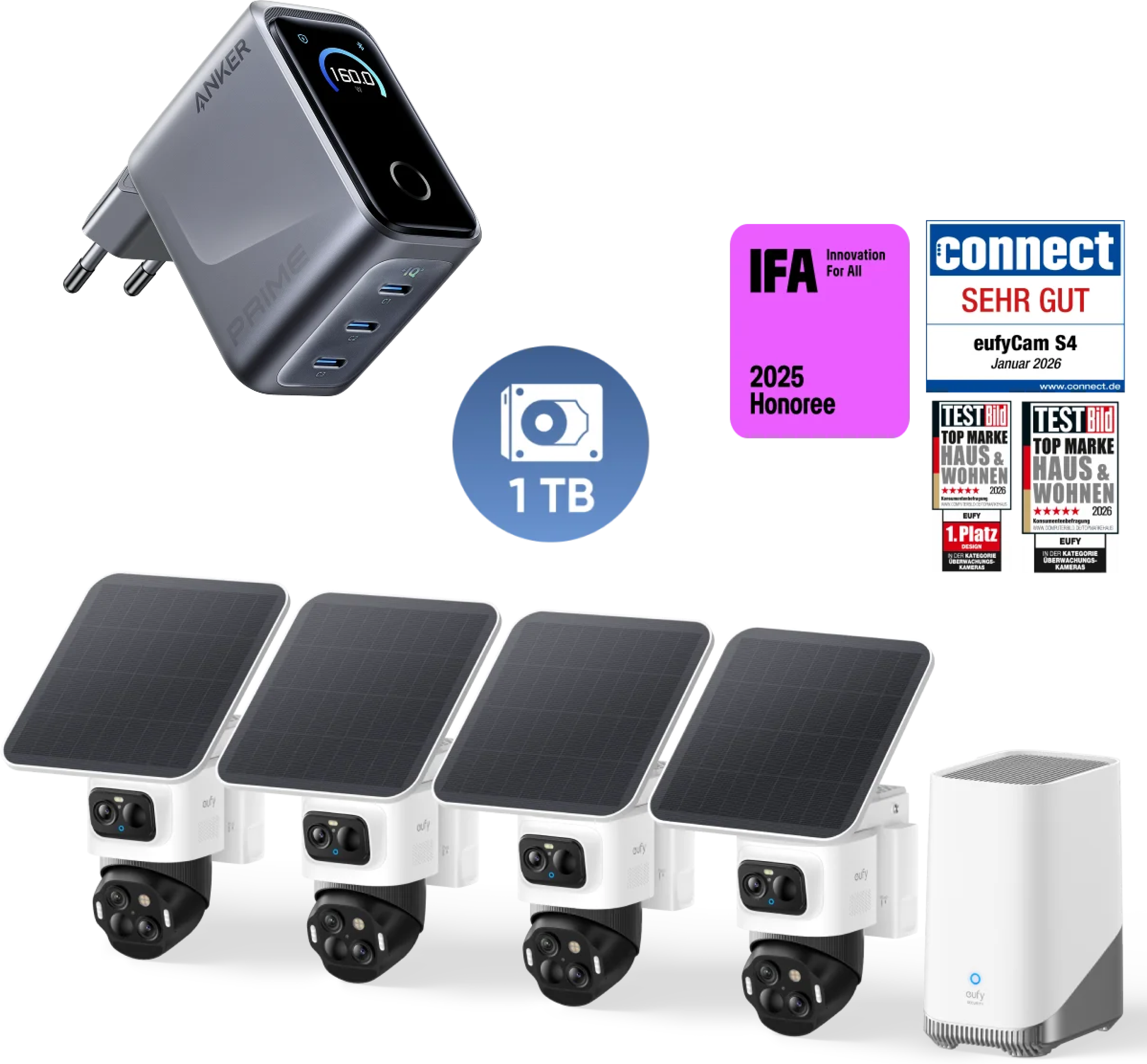 Anker eufyCam S4 4‑Kamera‑Set mit 1TB Festplatte und Anker Prime Ladegerät (160W, GaNPrime)