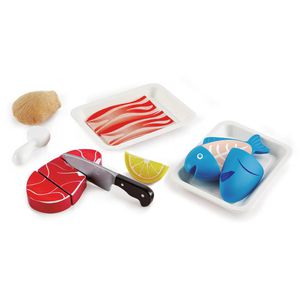 Hape Kinderküchen-Zubehör Fisch & Fleisch Set, Mit Schälchen, Lebensmitteln & Messer, 9-teilig