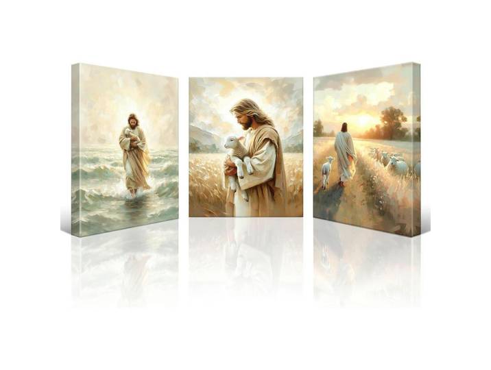 Leinwandbild 3-teiliges Set Jesus Bewacht das Lamm 30 x 40 cm, Mehrfarbig, 40x0.5 cm, Bilder & Rahmen, Bilder, Leinwandbilder