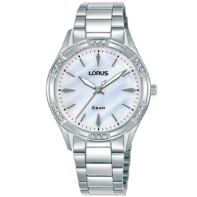 Quarzuhr LORUS, silber (silberfarben, perlmuttfarben), Armbanduhren, Damen, Quarzuhr, Armbanduhr, Damenuhr, Edelstahlarmband, analog, Glassteine