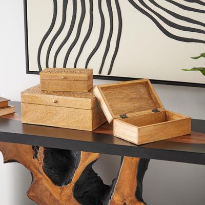 ARCILLA ELEMENTAL Brown Mango Wood Handmade Storage Scroll Box with Gold Accents (Set of 3)