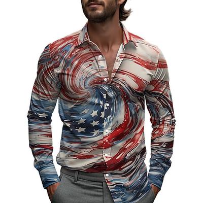 Amerikas 250. Jubiläum Herren Amerikanische Flagge Shirt Freizeitshirt Strandshirt Langarm Freizeit Bequem Urlaub Straße Hawaiian Frühling Herbst Revers Druck Dunkelblau Rot Blau