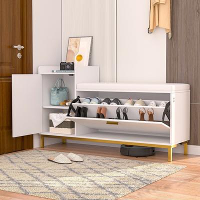 L-Shaped Shoe Storage Bench with Padded Seat Entryway Cabinet with Flip Drawers Adjustable Shelves Space-Saving Organizer