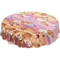 Weihnachtstischdecke Wachstuch Tischdecke abwaschbar Weihnachten Geschenke - Rund 100 cm, Schnittkante