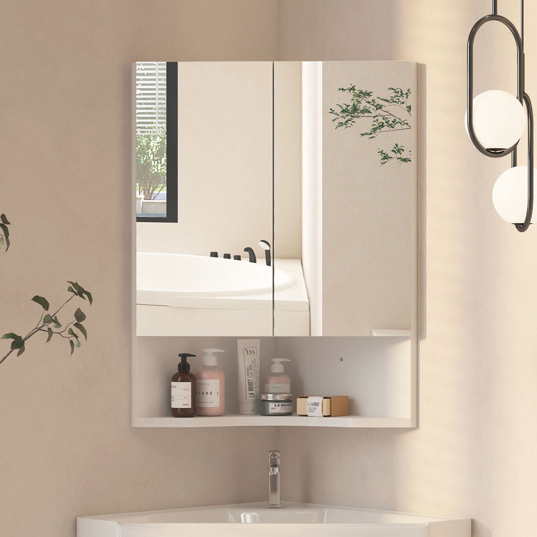 17 Stories Sowmiya Corner Bathroom Mirror Cabinet 45x60cm, Double Door 3 Shelf Chrome 60mm H