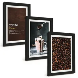 BILDER SET 3er Set - 20x30 cm Schwarzer Rahmen - Kaffeegetränk mit Schlagsahne