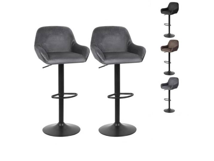 Tabouret de Bar Velours Lot de 2 - HSTURYZ - Hauteur Réglable - Repose-Pieds Chromés - Gris