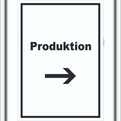 HB-Druck Produktion Schild mit Text und Richtungspfeil rechts Herstellung hochkant A3 (297x420mm)