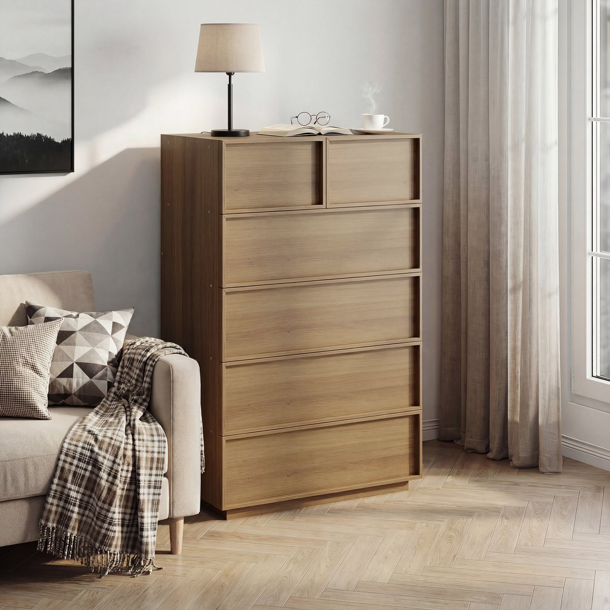 Moderne houten ladekast met zes lades in eikenkleur, B/D/H: 80 x 48 x 127 cm