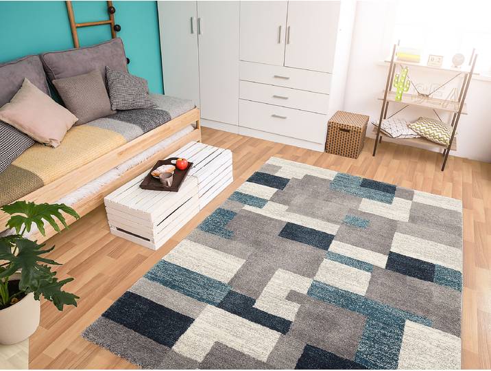 Tapis à poils courts Lively Orbit Bleu/Gris/Gris/Bleu pétrole 240 x 290cm Polypropylène