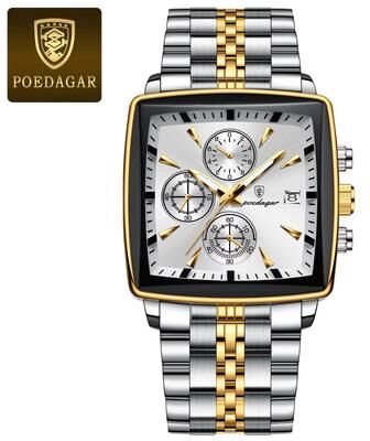 Inspired Finds POEDAGAR Square Chronograph Watch Stainless Steel Men's Quartz Watch Luminous Waterproof Wristwatch 866 Gold White