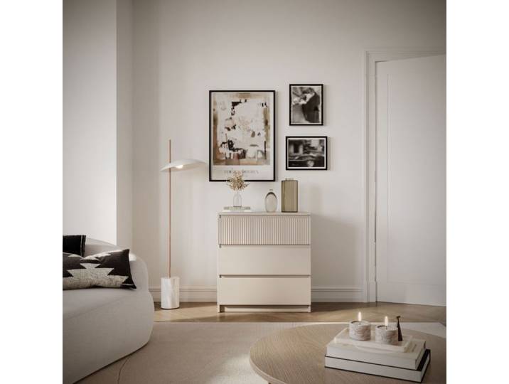 Commode à trois tiroirs façade à rainures – SANDIA – 70 cm – gris cachemire