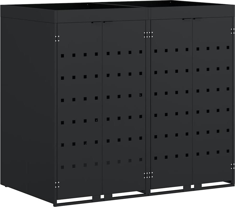 Mülltonnenbox für 2 Behälter, pulverbeschichteter Stahl, belüftet, Pflanzdach, 120-240 L Tonnen, 136x77,5x121,5 cm, Schwarz, Outdoor