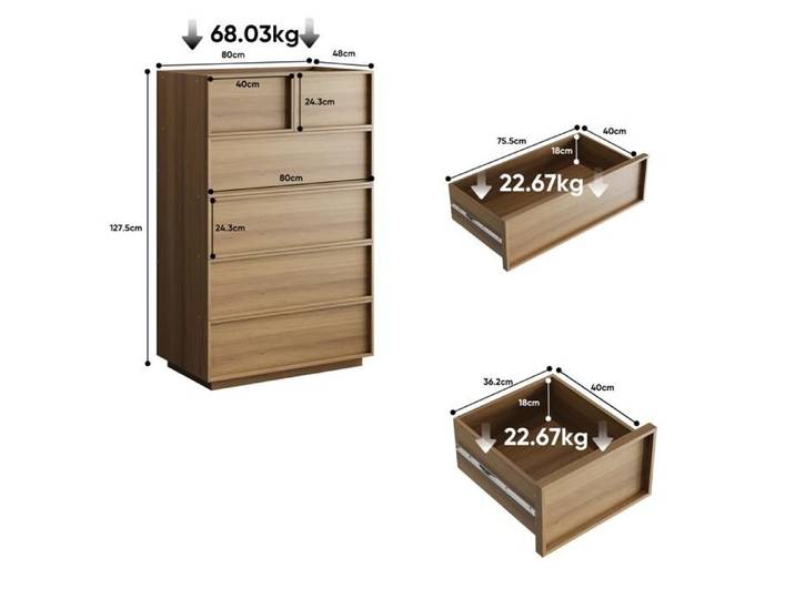 Commode moderne en bois - Six tiroirs spacieux - Dimensions 80x48x127 cm - Couleur chêne - Design minimaliste