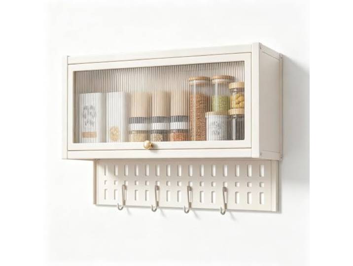 Küchen Gewürzregal mit Lochwand Schrank, Vorratsschrank Kohlenstoffstahl Verstellbare Halterung, Bohrbefestigung, Hochklappbare Polycarbonat Tür Küchenutensilien, Werkzeuge(White,25*11in/65*28cm)