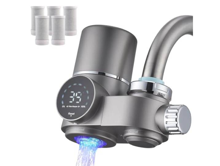 HOMELODY Wasserfilter Wasserhahn mit Blaulicht, 5 Filter Enthalten & Wasserfilter Trinkwasser für Küche, entfernt Chlor, Schwermetalle & Kalk, verbessert den Geschmack, 12x Adapter