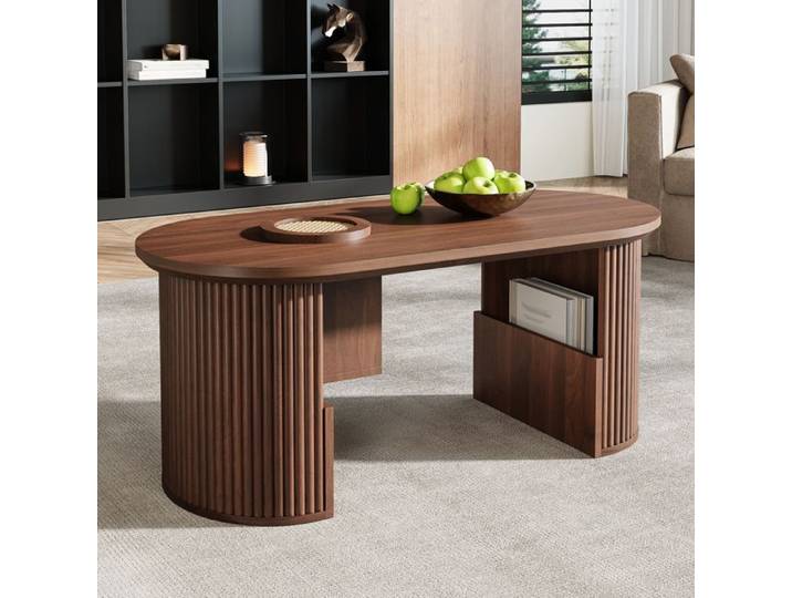 Table Basse Ovale 105x50x46.5 Cm Style Rétro MDF Couleur Noyer