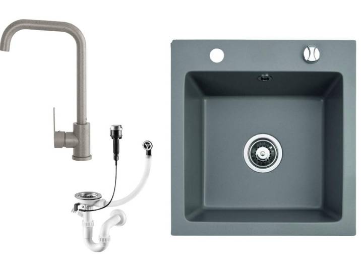Faizee Möbel Granitspüle [Granitspüle 48x50 + Armatur Steel] Einbauspüle Spülbecken