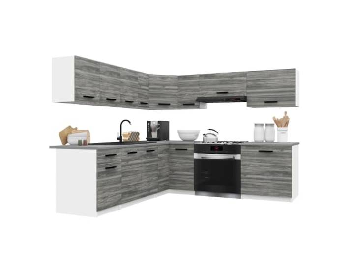 Belini ITALIA 7 Eckküche Küchenblock 420cm Grau Glamour Küchenset als Eckküche, weiße Korpusse, DECOR ECONATURA Material, kratzfest, ohne Elektrogeräte, mit Arbeitsplatte