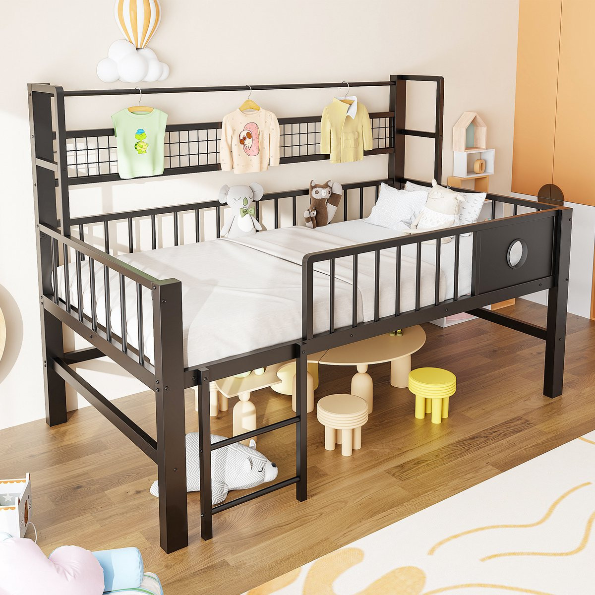 DESMIU Kinderhoogbed met opbergruimte, Metaal, Zwart, B/D: 90 x 200 cm