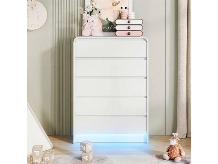Commode de Chambre à 5 Tiroirs - Éclairage LED Multicolore - Meuble de Rangement - Chiffonnier Buffet Cuisine Salon - Blanc