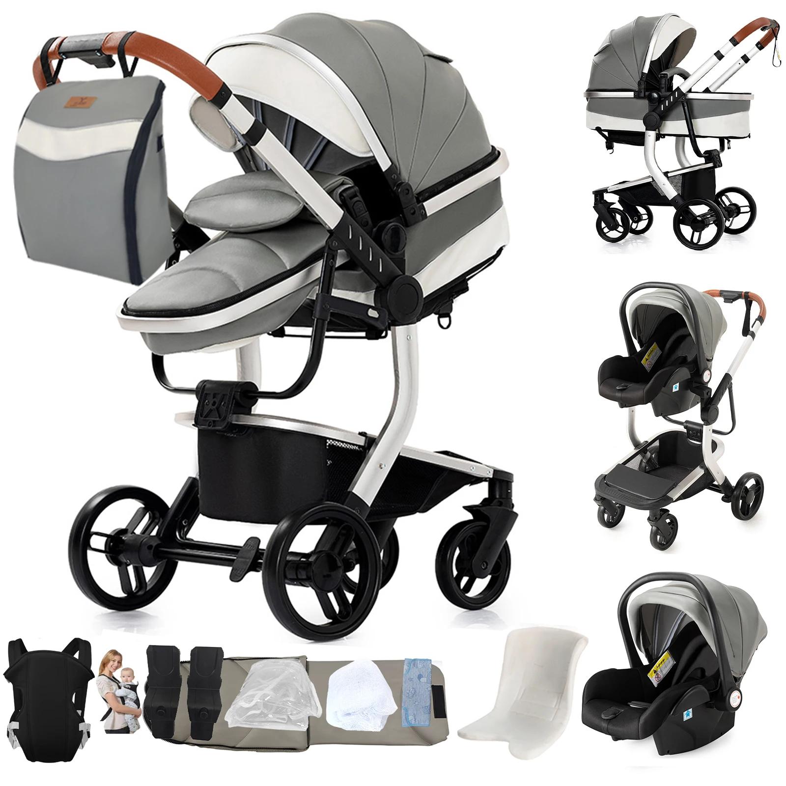 3-in-1 Kinderwagen - Kombikinderwagen mit Babywanne und Babyschale - Faltbar - Babyschalenkompatibel - Leinen - Tragkraft über 20 kg - Grau