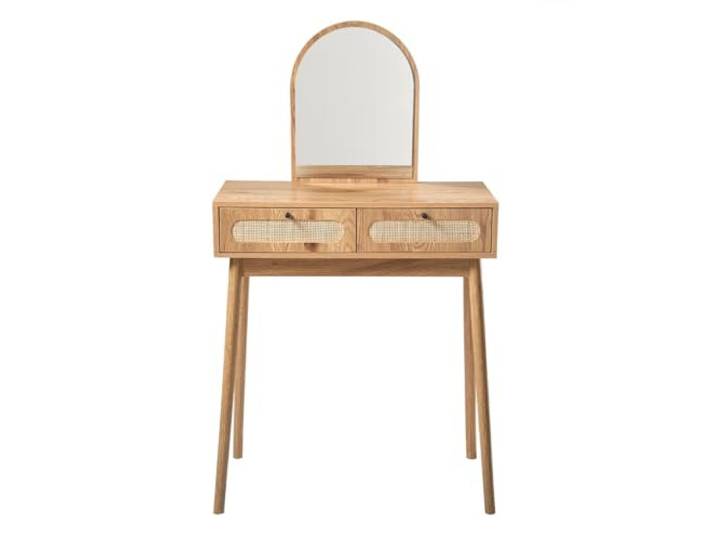 Calicosy Schminktisch mit Spiegel und 2 Schubladen – Fassaden aus echtem Rattan und schwarzen Metallknöpfen – Füße aus Holz mit Eichendekor – Alia-Colelction – Schlafzimmer, Ankleidezimmer – L 80 x T