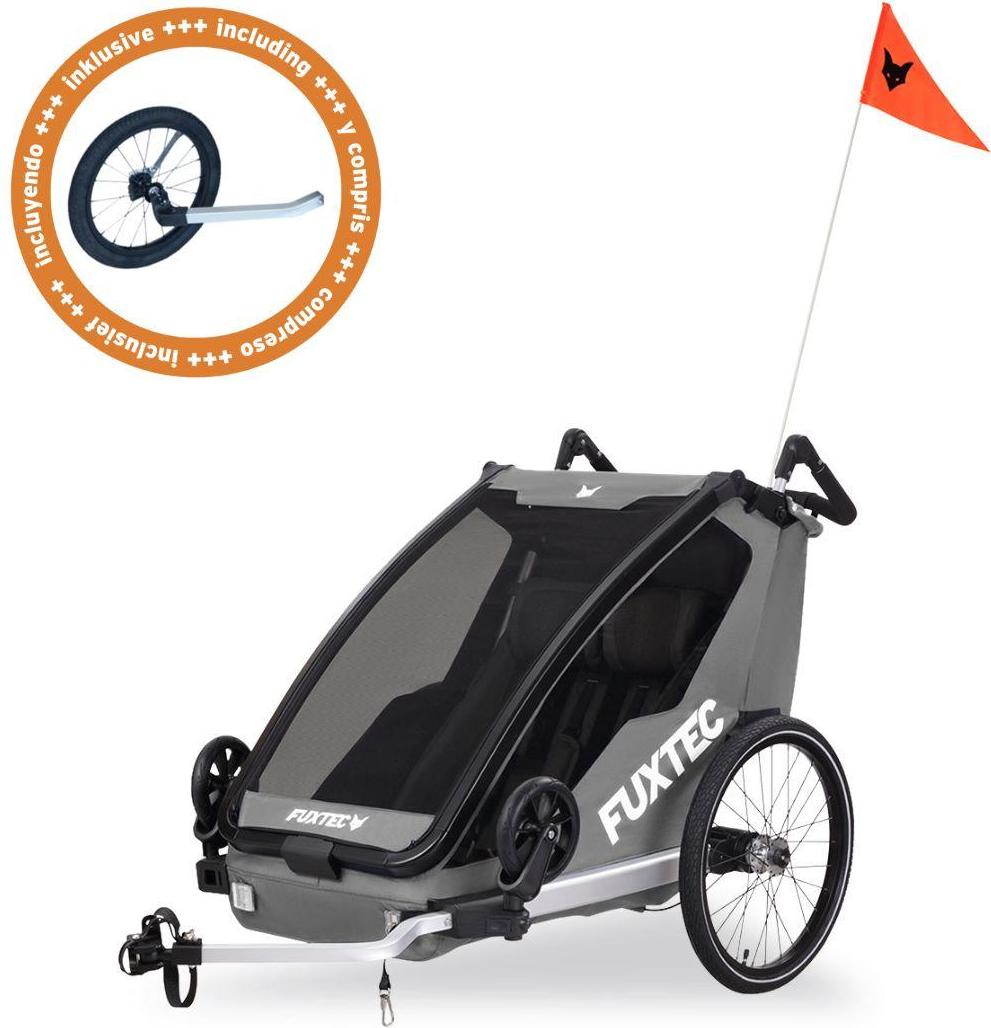 FUXTEC Fahrradanhänger/Jogger FX-FA1-SET-GRAU - inklusive Jogger-Rad | Buggyfunktion | Faltbar | 5-Punkt-Gurtsystem | Insektennetz