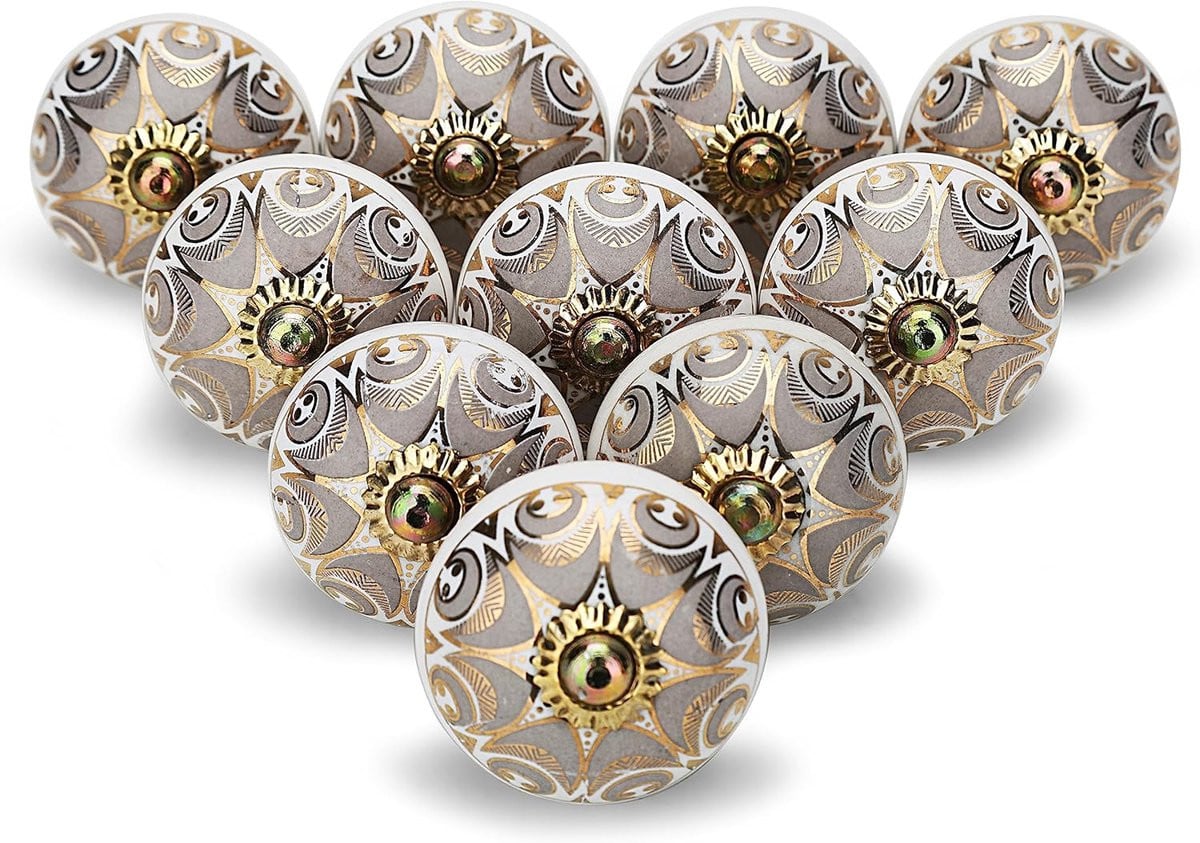 Set van 25 grijze keramische kastknoppen met gouden details voor keuken en meubels