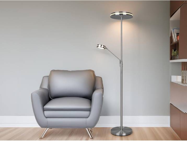 Großer LED Deckenfluter FRANKLIN mit Lesearm, Höhe 181cm, Silber